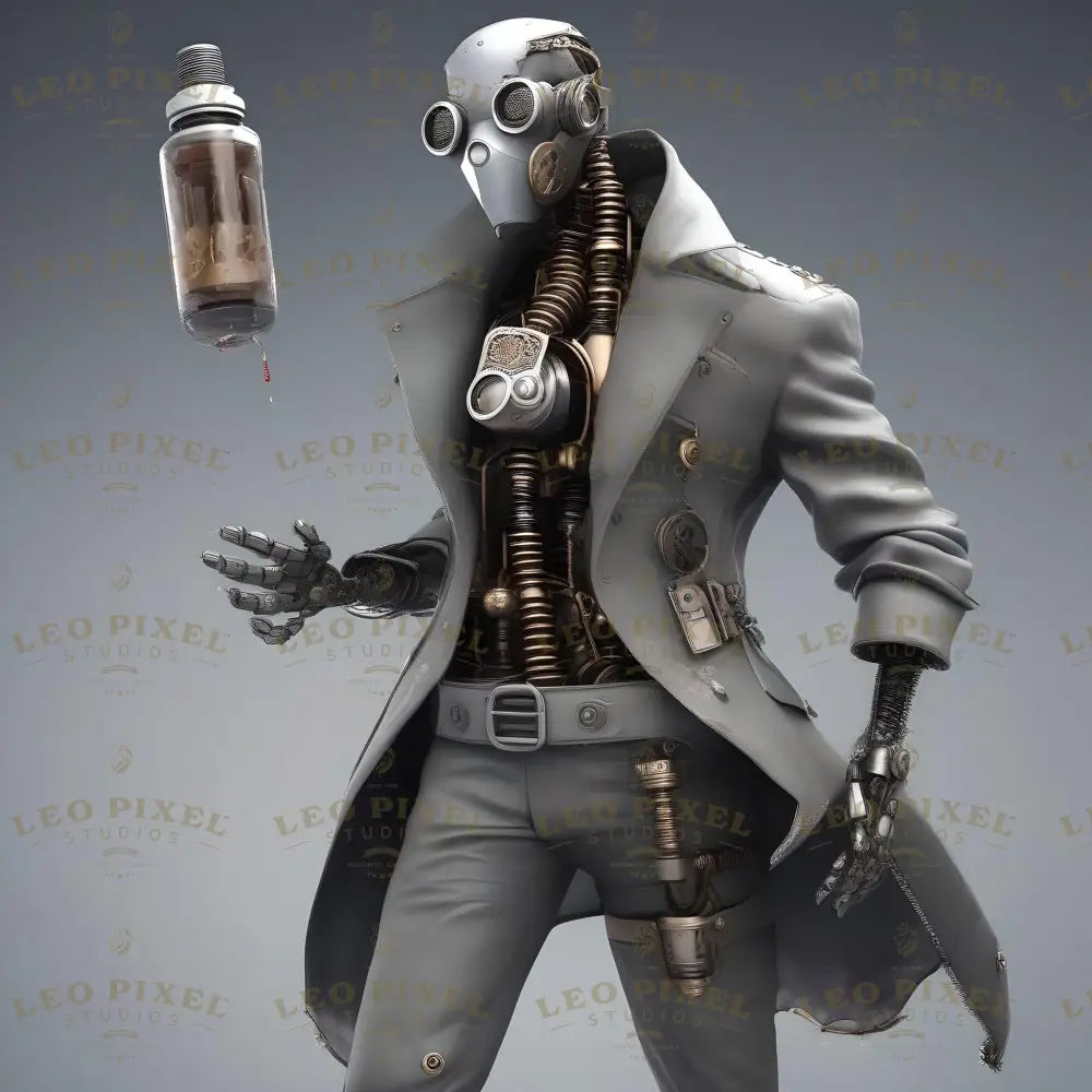 This cyberpunk character fuses mechanical precision with futuristic design. His exposed cybernetic torso reveals intricate tubing and gears, reflecting advanced engineering. A sleek metallic mask with round optics enhances his enigmatic persona. A levitating vial showcases mastery over scientific innovation. Clad in a tailored coat with embedded gadgets, this figure embodies the seamless integration of artistry and technology, epitomizing a vision of a cybernetic future. Ai generated image.