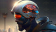 The image shows a futuristic helmet on a man with a reflective visor and intricate design details. The visor glows in shades of orange and red, while the helmet displays a vivid landscape scene with mountains, fiery hues, and blue accents. The sleek, metallic structure blends function and style, set against a blurred, neutral background with soft light highlighting the design. Ai generated. 