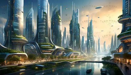 This digital artwork features a futuristic city with towering, glass-clad skyscrapers draped in lush greenery. A vibrant canal winds through the urban landscape, reflecting the glowing skyline. Flying vehicles soar above, while tree-lined walkways and bustling streets create a seamless fusion of cutting-edge architecture, sustainable design, and dynamic urban life. Ai generated image.