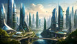 This digital artwork depicts a futuristic city with sleek, towering skyscrapers adorned with greenery, showcasing eco-integrated architecture. Interwoven bridges span across serene waterways, while flying vehicles navigate the sky. A blend of technology and nature creates a utopian vision of sustainable urban living in harmony with the environment. Ai generated image.