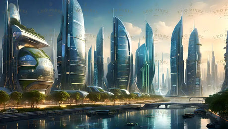 This digital artwork presents a futuristic cityscape with towering glass skyscrapers that curve elegantly into the skyline. Green terraces and domed structures blend nature with cutting-edge architecture. Reflective waterways weave through the city, lined with trees and advanced vehicles, creating a harmonious balance of innovation, sustainability, and serene urban living. Ai generated image.