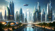 This digital artwork depicts a breathtaking futuristic city with sleek skyscrapers reaching into a vivid sky. Lush greenery adorns modern structures, while glowing buildings blend seamlessly with nature. A serene canal reflects the skyline, and hovering spacecraft add dynamic energy, embodying a harmonious fusion of advanced technology and sustainable urban design. Ai generated image. 