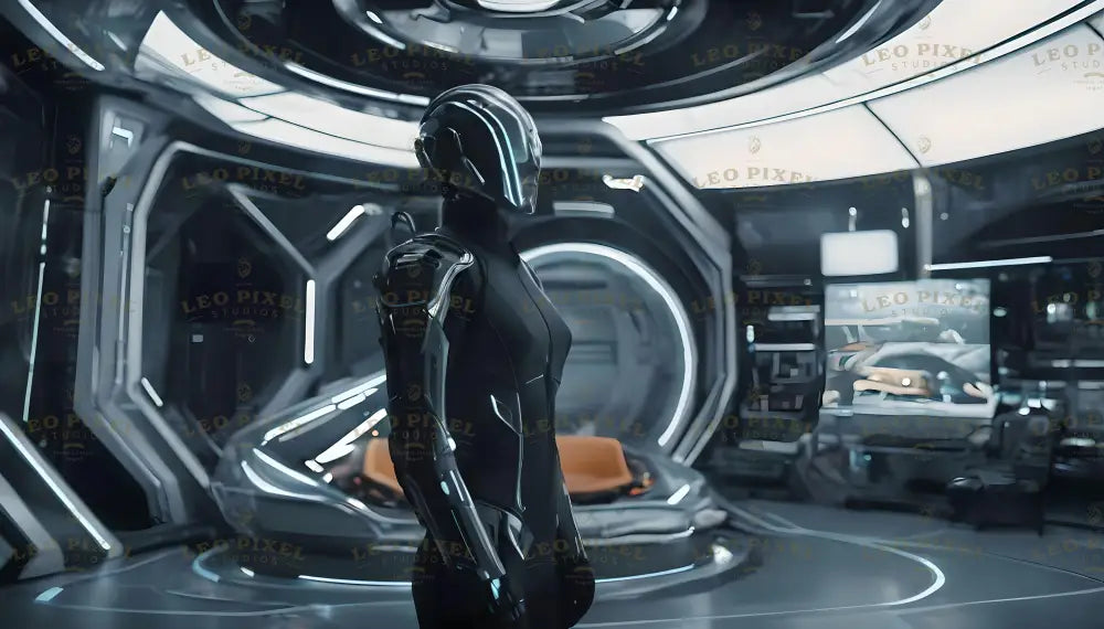 A figure in a sleek, black futuristic suit stands in a high-tech room with glowing panels and metallic surfaces. The helmet fully obscures the face, and the suit features illuminated accents. The background showcases advanced technology, with a modern bed and digital screens. The environment is clean and minimalist, with curved architecture and bright white lighting enhancing the futuristic atmosphere. Ai generated. Photography style.