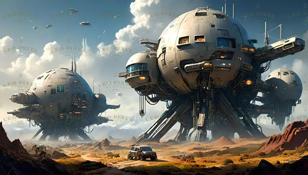 This digital art image portrays massive spherical structures resembling futuristic industrial facilities. The colossal domes rest on intricate mechanical legs, towering above a barren, desert-like landscape. Smaller hovering spheres and advanced aerial vehicles fill the sky, with distant mountains and clouds in the background. A rugged vehicle moves in the foreground, emphasizing the scale of the scene. Ai generated image.