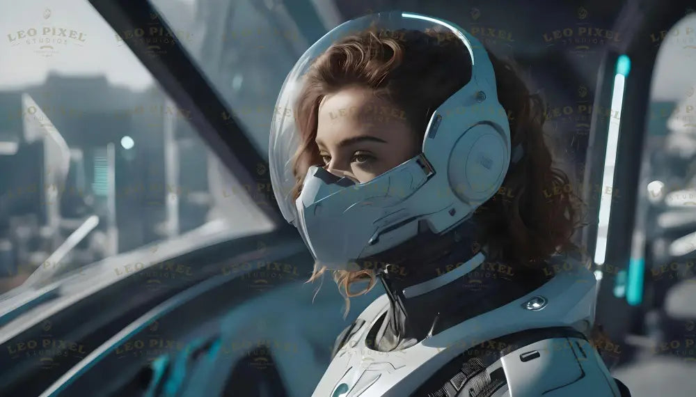 A woman in advanced futuristic armor gazes intently through a large window, possibly observing a cityscape or space station. Her sleek, high-tech helmet with a partial face covering blends elegance with utility, suggesting she is a pilot or explorer in a technologically advanced world. The setting, filled with glowing lights and sleek design, reflects a lifestyle where technology and ambition drive humanity forward. Ai generated image. Photography style.