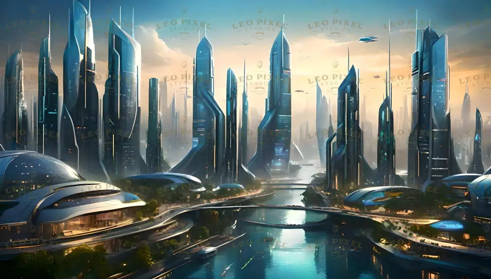 This digital art style image showcases a sprawling futuristic city dominated by sleek, towering skyscrapers with reflective glass surfaces glowing with blue lights. A serene river winds through the center, spanned by modern bridges and lined with greenery and domed structures. Airships hover in the golden sky, casting light across the futuristic skyline. The scene blends elegance, innovation, and tranquility. Ai generated image.