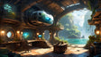 This digital art piece showcases a futuristic outpost blending technology and nature. Inside, curved metallic architecture hosts workstations, glowing lanterns, and plants spilling over surfaces. A large archway reveals a breathtaking view of turquoise waters, towering cliffs, and flying creatures beneath a misty sky. Soft light illuminates the scene, creating a tranquil, immersive atmosphere. Ai generated image.