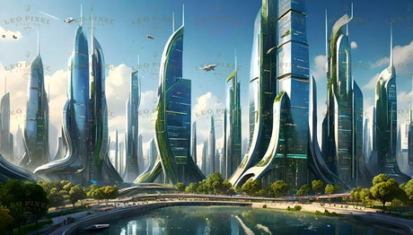 This digital art style image features an expansive futuristic city with towering skyscrapers of sleek, curved designs and reflective glass surfaces accented by greenery. The buildings rise elegantly into a clear blue sky, with flying vehicles scattered above. A tranquil park with lush trees and a serene water body fills the foreground, reflecting the skyline. The harmonious blend of nature and technology creates a vibrant, utopian atmosphere. Ai generated image.