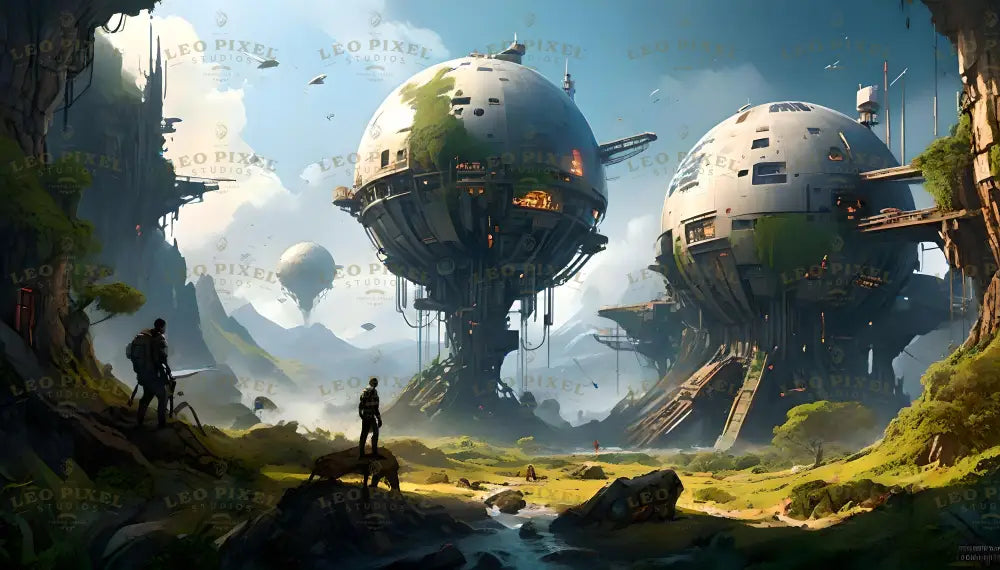 This digital art style image depicts towering spherical structures elevated on massive mechanical supports, blending advanced technology with nature. Glowing orange windows and patches of greenery cover the surfaces. Pathways and platforms extend outward, while misty mountains and floating airships fill the background. The lush green valley below is dotted with figures and winding streams, creating a serene futuristic landscape. Ai generated image.