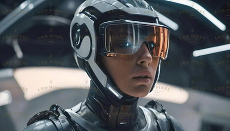 A close-up image of a woman wearing a sleek, futuristic helmet with a reflective orange visor. The helmet is equipped with advanced technology details, and the suit features metallic and glowing elements. The background is blurred, showing a modern, high-tech environment with soft lighting and illuminated panels. The woman's face is partially visible through the visor, highlighting her focused expression. Ai generated. Photography style.