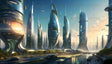 This digital artwork depicts a gleaming futuristic city with sleek skyscrapers adorned with green terraces and glowing facades. A bustling waterway reflects the vibrant skyline, while advanced vehicles glide along tree-lined streets. Hovering ships and a warm sunset add dynamic elements, creating a harmonious blend of nature, technology, and urban life. Ai generated image.