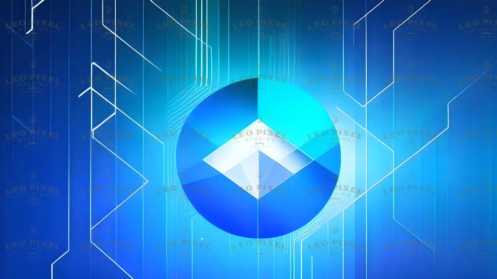 A digital image featuring a blue sphere with a geometric design at its center, composed of triangular shapes in different shades of blue and white. The background consists of a gradient of deep to light blue with white angular lines extending in various directions. The lines have a glowing effect, creating a futuristic look. The composition is balanced, with the sphere positioned slightly off-center, and the lighting is soft and diffused. Ai generated. Photography style.