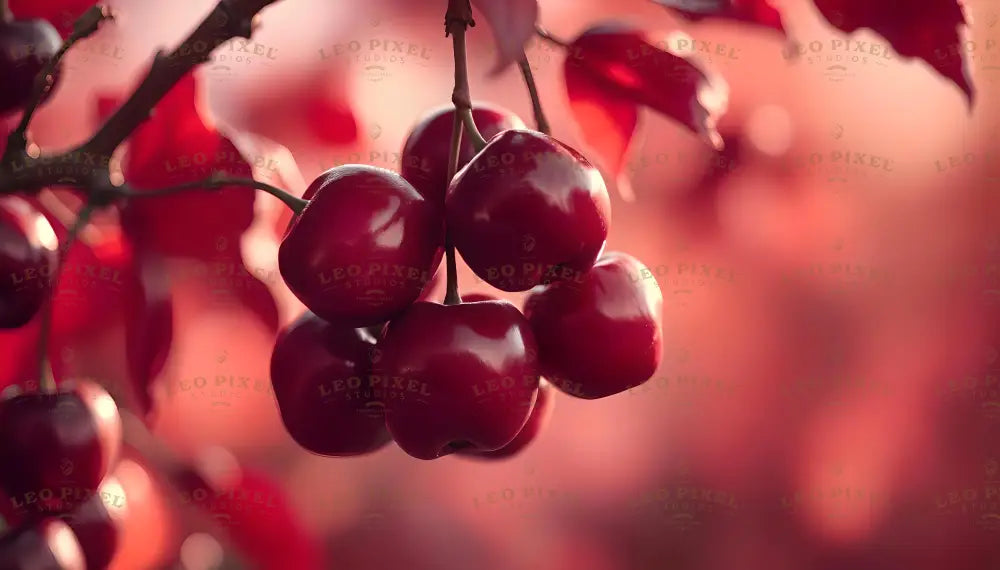 The image showcases a cluster of glossy red cherries hanging from a branch, with smooth, round surfaces reflecting light. The background is a soft, blurred blend of red and pink hues, evoking a warm, dreamy atmosphere. Faintly visible red leaves surround the cherries, adding depth and contrast to the composition. The close-up perspective emphasizes the cherries’ vibrant color and texture. Ai generated. Photography style.