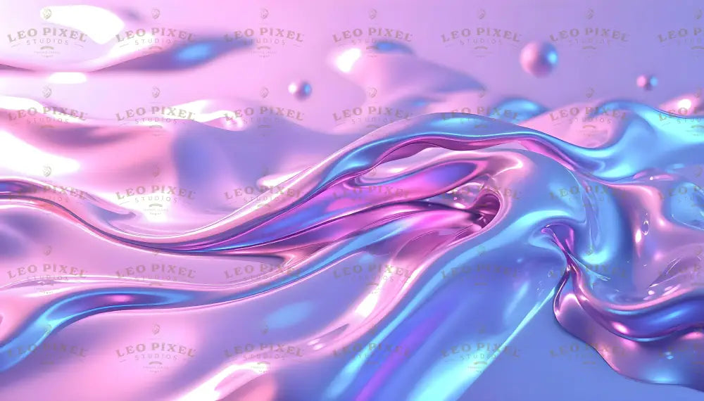 Digital image featuring smooth, flowing waves with a glossy, metallic texture in shades of pink, blue, and purple. The reflective surface creates soft highlights and depth, with curves and ripples forming an organic pattern. Small floating spheres in matching tones add dimension. The soft color transitions and high-gloss finish enhance the liquid-like appearance, creating a balanced and luminous composition. Ai generated. Photography style.