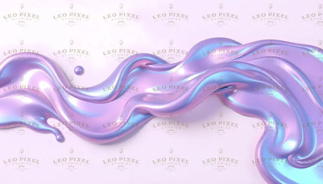 Digital image featuring a smooth, flowing liquid-like wave in shades of pastel pink, purple, and blue on a soft white background. The glossy surface reflects light, creating highlights and depth. Small droplets enhance the fluid appearance. The curves and folds form an organic, flowing composition with a metallic sheen, giving a three-dimensional effect to the abstract design Ai generated. Photography style.