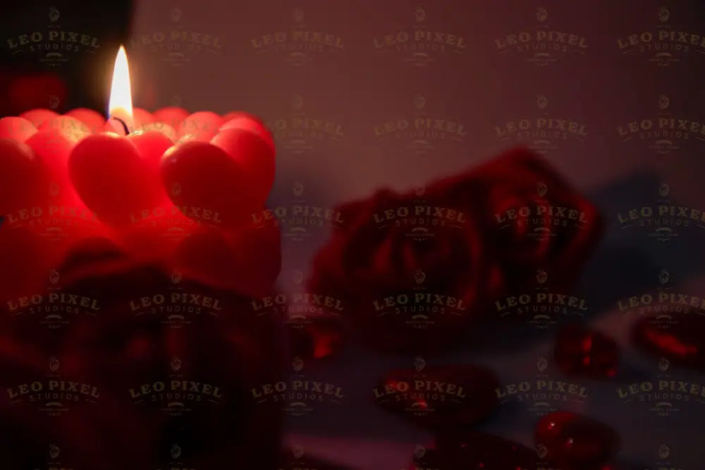 A close-up of a burning red candle made of heart-shaped wax pieces. The soft light casts a warm glow, highlighting the smooth texture. Surrounding the candle are deep red artificial roses and glossy red heart-shaped decorations. The blurred background creates depth, emphasizing the luminous candle. The composition uses a dark and moody photography style with a contrast between light and shadow. Photography.