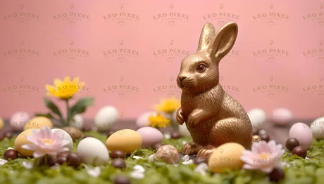 A golden chocolate bunny stands upright on vibrant green grass, surrounded by pastel-colored eggs in shades of yellow, white, and pink. Delicate flowers, including pink blossoms and yellow daisies, add charm. Small chocolate spheres are scattered across the grass, with a soft pink background completing the festive and lively composition. Ai generated. Photography style.