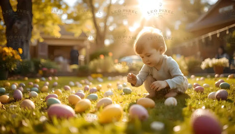 A young child crouches on a sunlit lawn surrounded by pastel-colored Easter eggs scattered across the vibrant green grass. The warm sunlight filters through the trees, creating a golden glow. The background features a cozy house, blurred flowers, and soft shadows, adding depth to the cheerful and serene atmosphere of the scene. Ai generated. Photography style.