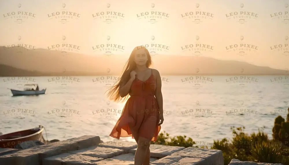 A woman stands on stone steps near a calm body of water, her orange dress flowing gently in the soft breeze. The warm sunlight creates a glowing silhouette around her, with distant hills and a small boat on the water adding depth to the serene scene. The vibrant greenery in the foreground contrasts with the golden hues of the sunset, enhancing the tranquil atmosphere. Ai generated. Photography style.