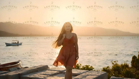 A woman stands on stone steps near a calm body of water, her orange dress flowing gently in the soft breeze. The warm sunlight creates a glowing silhouette around her, with distant hills and a small boat on the water adding depth to the serene scene. The vibrant greenery in the foreground contrasts with the golden hues of the sunset, enhancing the tranquil atmosphere. Ai generated. Photography style.