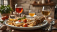 A large white plate holds golden crispy fries, a creamy dip topped with tomato sauce, and a breaded roll filled with vegetables. Cherry tomatoes and fresh basil add color. Around the plate, glasses of red and white wine sparkle, along with a glass of orange juice. A wooden table setup with a cozy rustic backdrop, fresh tomatoes, and potted herbs completes the scene. Ai generated. Photography style.