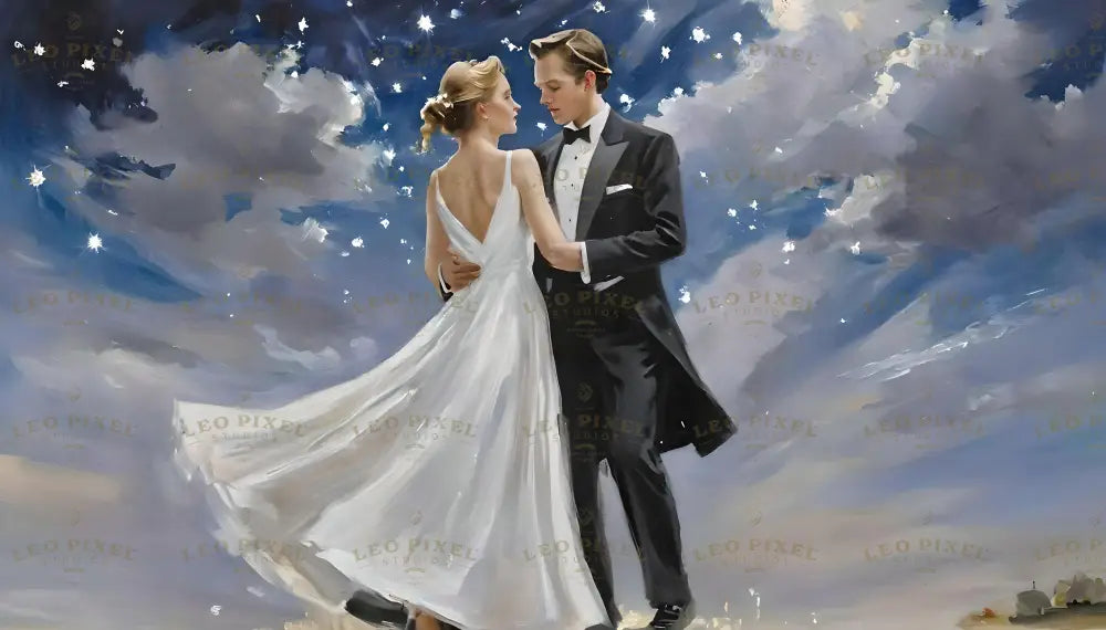 In this breathtaking oil-style artwork, a couple waltzes elegantly under a vast, starry sky. The woman’s flowing white gown billows with motion, contrasting beautifully with the man’s formal black tuxedo. The soft brushstrokes capture a dreamlike scene, with swirling clouds and shimmering stars adding magic to the tranquil, ethereal atmosphere. A timeless moment of romance. Ai generated image.