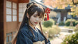 In a serene garden setting, a young woman exudes poise and elegance in traditional attire. Her navy kimono contrasts beautifully with the delicate red and gold ornament in her hair, which is styled in intricate buns. The soft sunlight highlights her graceful features, complementing the tranquil atmosphere of the traditional wooden backdrop and surrounding foliage. Ai generated image.