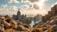 This photograph showcases a magnificent cathedral with grand domes and classical architecture, nestled atop dramatic cliffs overlooking calm waters. An elegant stone bridge arches gracefully across the sea, framed by rugged boulders and golden shrubs. The warm sunlight filters through scattered clouds, casting a soft glow on the scene, blending natural beauty with architectural splendor. Ai generated image.