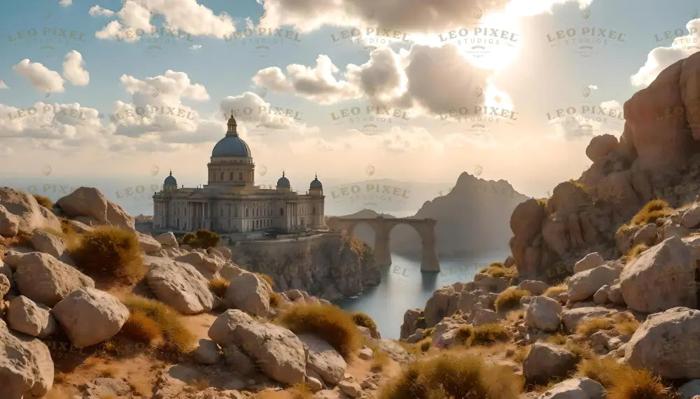 This photograph showcases a magnificent cathedral with grand domes and classical architecture, nestled atop dramatic cliffs overlooking calm waters. An elegant stone bridge arches gracefully across the sea, framed by rugged boulders and golden shrubs. The warm sunlight filters through scattered clouds, casting a soft glow on the scene, blending natural beauty with architectural splendor. Ai generated image.