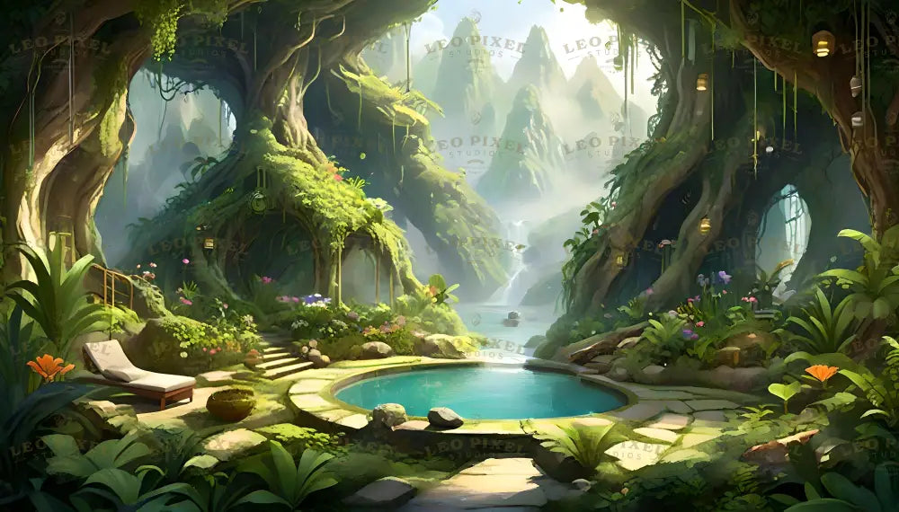 A serene greenhouse with lush green plants and colorful flowers surrounding a clear, circular pool. Large ancient trees frame the scene with moss-covered roots and hanging vines. Stone steps lead toward a misty mountain range in the background, with a cascading waterfall visible. Soft natural light filters through, highlighting the vibrant foliage and creating a tranquil atmosphere. Ai generated. Digital art style.