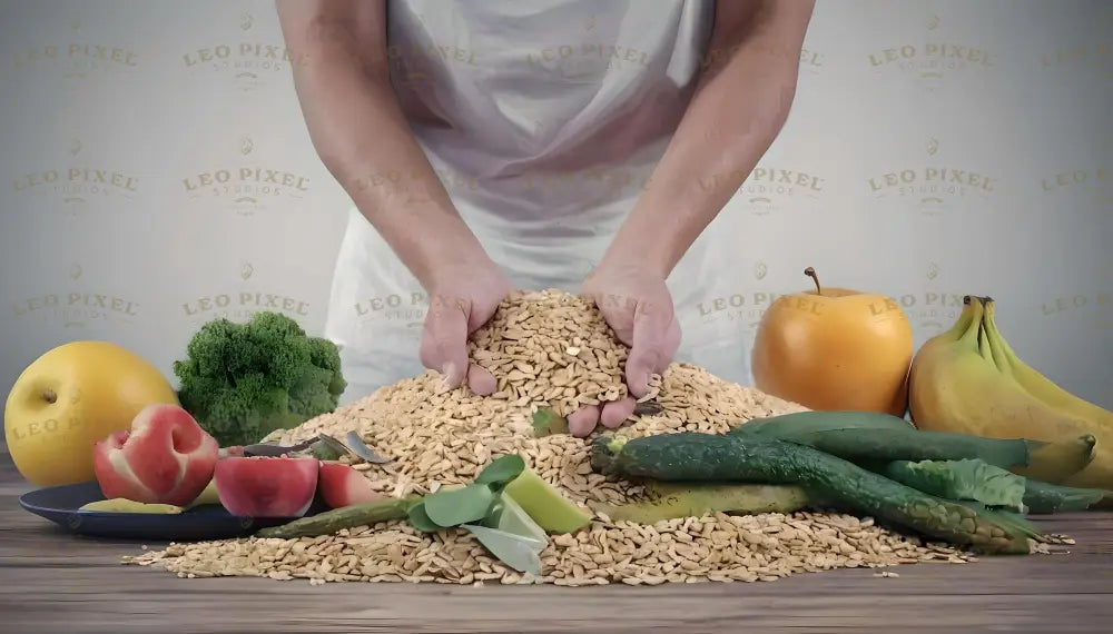 This image shows hands holding and releasing a pile of golden grains onto a wooden surface. Surrounding the grains are fresh produce, including cucumbers, broccoli, bananas, yellow apples, and sliced peaches on a plate. The composition emphasizes natural textures, with the vibrant colors of fruits and vegetables creating a harmonious arrangement. Ai generated. Photography style.