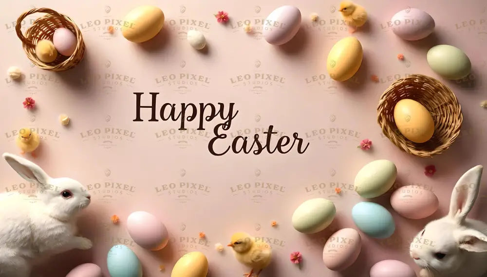 The phrase "Happy Easter" is displayed in elegant text on a soft pastel background, surrounded by colorful eggs in pink, yellow, green, and blue. Two white bunnies and fluffy yellow chicks add a playful charm to the scene. Wicker baskets holding eggs and small pink flowers complete the arrangement, creating a warm and cheerful Easter-themed design. Ai generated. Flat lay photography style.