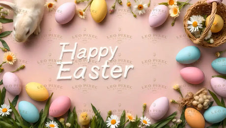 A soft pastel background features the words "Happy Easter" at the center, surrounded by colorful eggs, fresh daisies, and green leaves. A wicker basket holds more eggs and flowers in the top corner, while a white bunny and a yellow chick add a playful touch. The arrangement is cheerful and festive, perfect for celebrating Easter with a light and joyful vibe. Ai generated. Flat lay photography style.