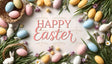 A bright and festive "Happy Easter" message is surrounded by pastel-colored eggs, fresh green leaves, and delicate flowers like daisies and tulips. Wicker baskets hold eggs, while fluffy white bunnies and yellow chicks add charm to the scene. The soft colors and playful arrangement create a cheerful and heartwarming Easter celebration. Ai generated. Flat lay photography style.