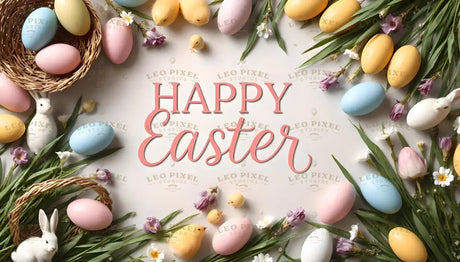 A bright and festive "Happy Easter" message is surrounded by pastel-colored eggs, fresh green leaves, and delicate flowers like daisies and tulips. Wicker baskets hold eggs, while fluffy white bunnies and yellow chicks add charm to the scene. The soft colors and playful arrangement create a cheerful and heartwarming Easter celebration. Ai generated. Flat lay photography style.