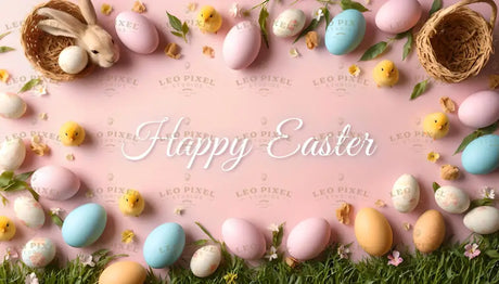 A delightful Easter scene featuring a soft pink background adorned with pastel-colored eggs, cheerful yellow chicks, and green grass. A cozy wicker basket with a curious bunny snuggling against a white egg adds charm. Delicate floral accents and leaves bring a fresh and festive touch, framing the elegant "Happy Easter" message at the center. Perfect for spreading Easter joy. Ai generated. Flat lay photography style.