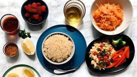 An overhead view of a vibrant meal setup. A bowl of fluffy rice takes center stage, placed on a blue plate. Surrounding it are fresh raspberries, thinly sliced carrots, a broccoli and red pepper salad, lemon wedges, and glasses of golden and red drinks. Garnishes like parsley and a dash of spices in a small bowl add detail. The clean, white marble surface highlights the colorful ingredients. Ai generated. Fat lay photography style.