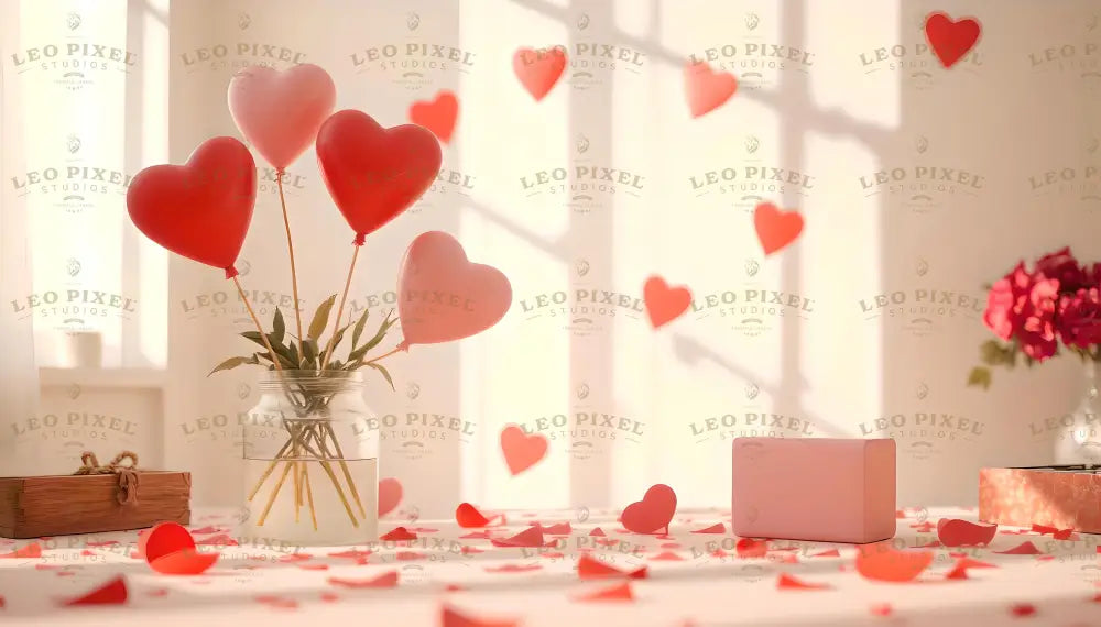 A serene and bright room is adorned with red and pink heart-shaped balloons elegantly arranged in a glass jar, their stems submerged in water. The table is sprinkled with delicate red heart confetti, complementing the soft sunlight streaming through the window. In the background, a vase of vibrant red roses and pastel gift boxes complete the romantic, peaceful atmosphere. Ai generated. Photography style.