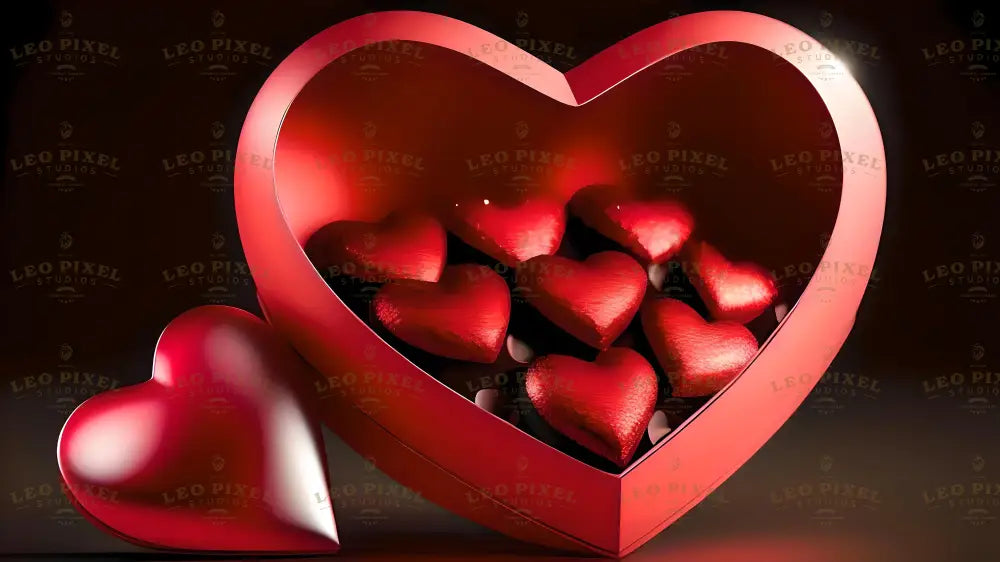 A stunning heart-shaped box in a vibrant red hue rests gently, holding multiple glowing heart-shaped chocolates nestled inside. The soft reflections give the treats an almost velvety texture, radiating a warm glow against the deep, moody background. A glossy heart leans nearby, amplifying the image’s romantic and luxurious atmosphere, perfect for expressing timeless affection. Ai generated image.