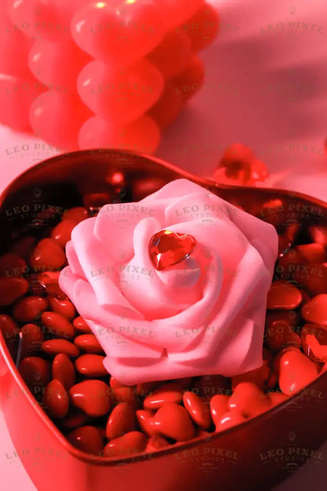 A red heart-shaped metal box is filled with glossy red candy-coated chocolates and a delicate pink rose. A small, faceted red heart-shaped gem rests on the petals. In the softly blurred background, a pink bubble-shaped candle with heart details and scattered red heart decorations add depth. The warm, diffused lighting enhances the soft textures and rich red hues. Photography.