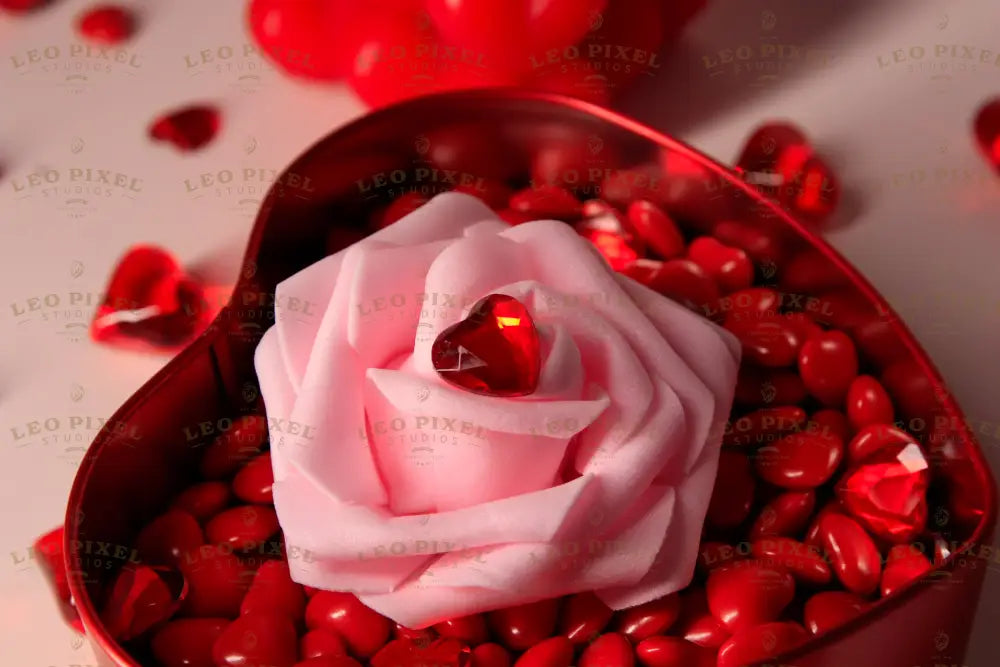 A red heart-shaped metal box is filled with glossy red candy-coated chocolates and a delicate pink rose. A small, faceted red heart-shaped gem rests on the petals. In the softly blurred background, a pink bubble-shaped candle with heart details and scattered red heart decorations add depth. The warm, diffused lighting enhances the soft textures and rich red hues. Photography.