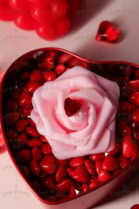 A red heart-shaped metal box is filled with glossy red candy-coated chocolates and a delicate pink rose. A small, faceted red heart-shaped gem rests on the petals. In the softly blurred background, a pink bubble-shaped candle with heart details and scattered red heart decorations add depth. The warm, diffused lighting enhances the soft textures and rich red hues. Photography.