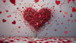 A vibrant heart crafted from countless red and pink petals bursts outward in a mesmerizing display. The scattered petals float gracefully, covering the floor with a layer of hearts. Set against a clean white background, the image radiates passion, romance, and elegance, symbolizing the beauty and energy of love in a strikingly artistic form. Ai generated. Photography style.