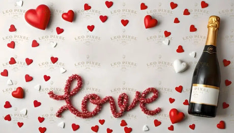 A flat lay image features a white background with scattered red and white hearts. The word "Love" is styled in glittery red script at the center. A gold-topped champagne bottle is positioned to the right, adding elegance. The hearts vary in size and form, creating a festive and romantic visual composition. Ai generated. Flat lay photography style.