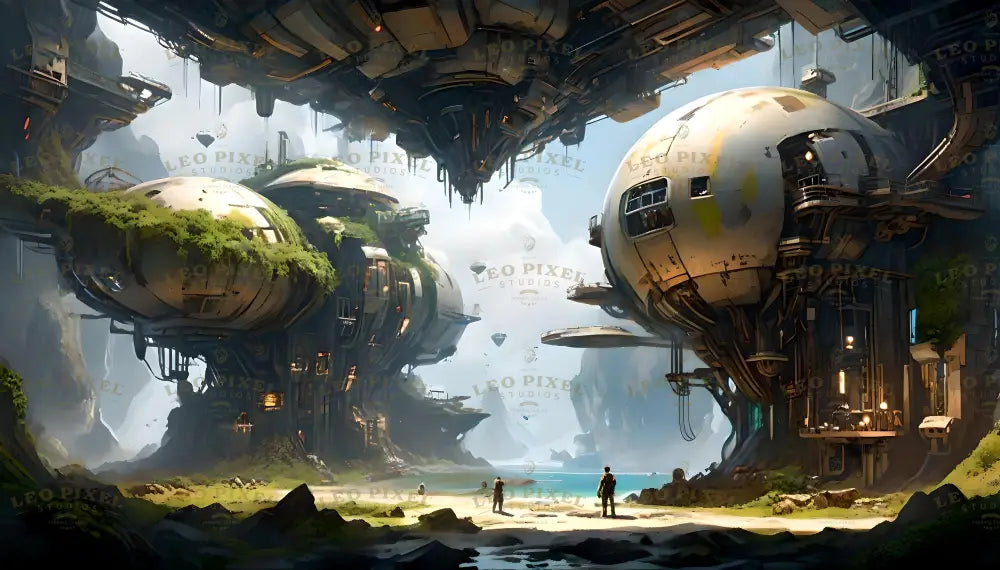 This digital art style image features massive spherical structures built into cliffs, their surfaces covered in patches of greenery and glowing orange lights. The lower levels are supported by intricate mechanical roots extending to the ground. A serene beach with lush vegetation lies below, surrounded by towering cliffs. A glowing sky and misty mountains frame the background, with airships scattered throughout. Ai generated image.