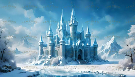 An enchanting icy castle stands majestically beside a glassy frozen lake, surrounded by serene, snow-covered landscapes. Its tall, frosted spires gleam against the crisp blue sky, while towering peaks rise in the background. Frost-laden trees and shimmering reflections on the icy water add depth and wonder to this tranquil winter scene. Ai generated image.