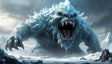 The towering icy colossus looms amidst jagged glaciers, its frost-encrusted claws poised to strike. Shards of ice glisten on its crystalline spines as glowing amber eyes burn with primal fury. Its gaping maw reveals jagged teeth, exhaling plumes of frozen breath that chill the barren tundra. The frozen landscape trembles beneath its weight, embodying the raw power of winter's wrath. Ai generated image.