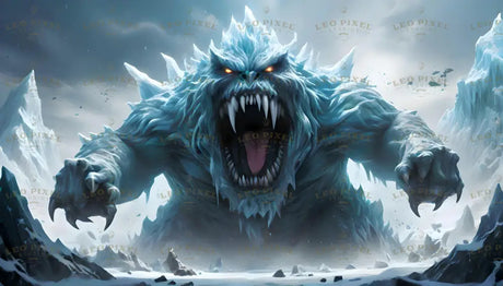 The icy colossus looms with menacing grandeur, its crystalline spines glinting under a frozen sky. Fiery eyes pierce through the icy expanse, glowing with ancient rage. Its massive claws, frosted and deadly, crush the permafrost beneath. Snow billows in its wake as it roars, a bone-chilling sound echoing through the jagged peaks, declaring dominance over the frozen wasteland. Ai generated image.