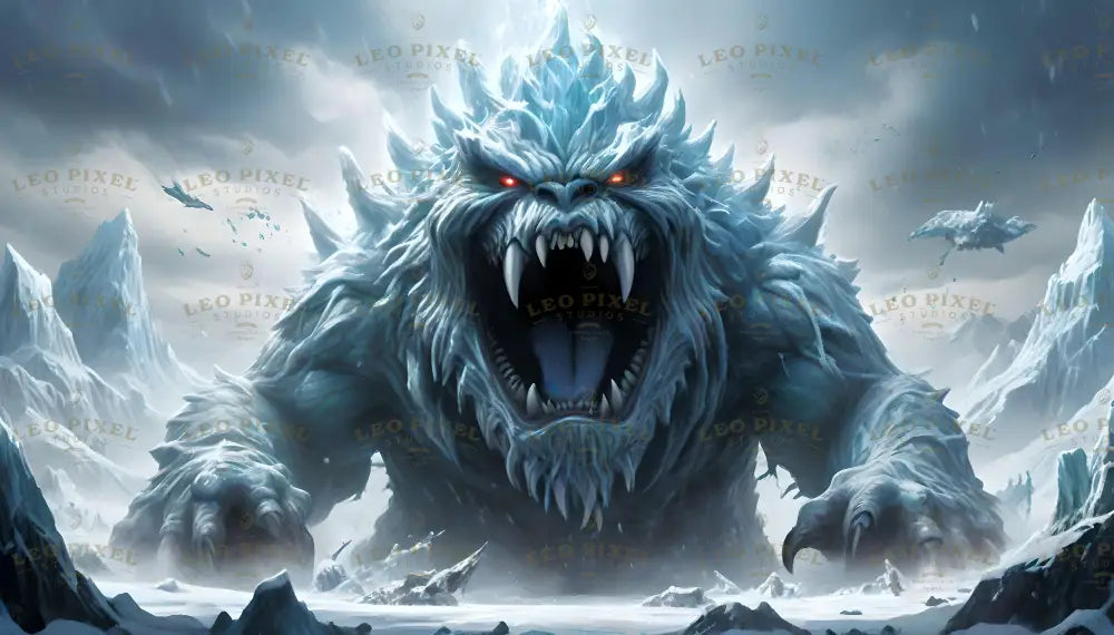 A monstrous titan of frost and fury, the icy colossus towers over a desolate arctic wasteland. Its crystalline spines glint in pale light, while its glowing red eyes burn with primal rage. Snow cascades from its hulking shoulders as its clawed hands crush the frozen ground. The beast’s cavernous maw, filled with serrated teeth, releases a thunderous roar, shaking the icy peaks around it. Ai generated image.