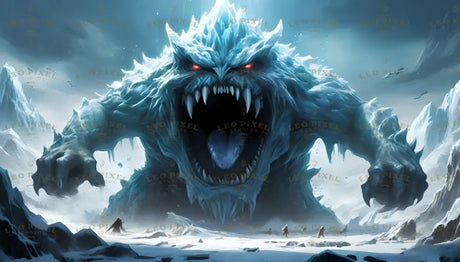 An immense ice creature dominates the frozen expanse, its fiery red eyes glowing with ferocity and icy breath clouding the air. Towering over scattered human figures, its jagged claws and sharp fangs evoke terror. The desolate backdrop of snow-capped peaks intensifies the scale of this primal confrontation, where survival hangs by a thread in the heart of the arctic void. Ai generated image.